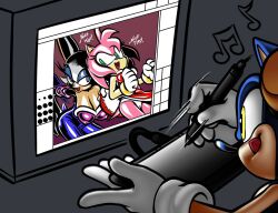 1boy 2girls amy_rose anthro anthro_only bat big_breasts blue_body blue_eyes blue_fur blue_hair breasts cameltoe computer_monitor desktop dialogue digital_media_(artwork) drawing drawing_tablet eulipotyphlan eyeshadow female furry gloves green_eyes hedgehog hotred is_(artist) licking_lips makeup male musical_note nipple_bulge nipples_visible_through_clothing panties pink_body pink_fur pink_hair rouge_the_bat servedasis skin_tight sonic_(series) sonic_the_hedgehog sonic_the_hedgehog_(series) tablet text tongue tongue_out trio underwear white_hair