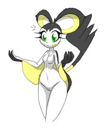 2014 anthro anthrofied bit-small black_fur breasts emolga female fur green_eyes nintendo nude plain_background pokemon pussy solo surprised video_games white_background white_fur