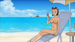 1girls beach blue_eyes breasts brown_hair detective_conan female human large_breasts nipples nude pale-skinned_female pale_skin short_hair sonoko_suzuki tagme