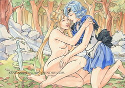 2girls ami_mizuno bishoujo_senshi_sailor_moon clothed_female_nude_female clothing embrace female female_only forest multiple_girls nude nude_female outdoors sailor_mercury saniika skirt small_breasts usagi_tsukino yuri