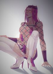 1boy crossdressing_boy_(kamisimo_90) erect_nipples fishnet_legwear fishnet_shirt fishnets heel_boots high_heels jojo's_bizarre_adventure long_hair male_only miniskirt narciso_anasui on_floor panties partially_clothed pink_hair solo_male spread_legs squatting stiletto_heels stone_ocean thigh_boots thighhighs upskirt white