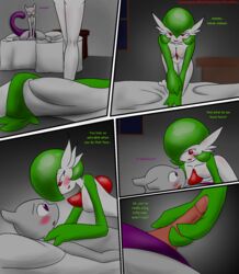 color comic cowgirl_position english_text female female_on_top femdom gardevoir girl_on_top green_hair handjob humanoid interspecies livinlovindude male mewtwo on_bed on_top pokemon pokemon_(species) pokemon_rse red_eyes short_hair text white_skin