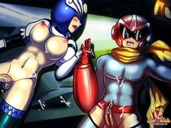 1boy 1futa breasts cum cum_everywhere cum_on_face cum_on_penis futa_on_male futanari intersex mega_man mega_man(classic) penis proto_man sheanimale splash_woman