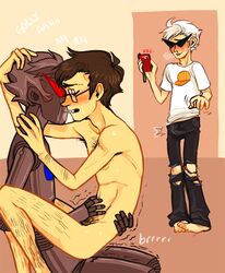 3boys anal artist_request biting_lip black_hair body_hair brobot_(homestuck) closed_eyes clothing dialogue dirk_strider gay glasses grey_hair grey_skin homestuck jake_english moaning moaning_in_pleasure ms_paint_adventures onomatopoeia open_mouth phone recording robot robot_boy short_hair sunglasses sweat tagme text white_hair white_skin