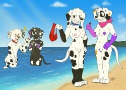 101_dalmatian_street 101_dalmatians 3_fingers 4_toes absurd_res bandana beach bikini black_body black_fur blush breasts canid canine canis clothing collar covering covering_crotch da_vinci_(101_dalmatians) dalmatian dante_(101_dalmatians) disney doggettdouglasmcdog dolly_(101_dalmatians) domestic_dog dylan_(101_dalmatians) embarrassed feet female fingers fur genitals gesture group hi_res holding_clothing holding_object holding_speedo holding_swimwear humanoid_genitalia humanoid_penis kerchief looking_back male male/female mammal multicolored_spots penis pussy red_clothing red_speedo red_swimwear seaside speedo swimwear toes