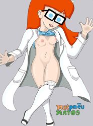 1girls black_sandals blue_eyes boxy_glasses breasts cartoon_network clothing crossed_legs flip_flops glasses johnny_test_(series) lab_coat legwear light_skin matpneu nude open_toe_shoes red_hair sandals small_breasts socks square_glasses straight_hair susan_test tagme teen white_legwear white_socks