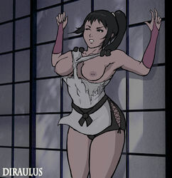 black_hair breasts diraulus female human nipples one_eye_closed partially_clothed ponytail samurai samurai_champloo solo torn_clothing yatsuha_imano