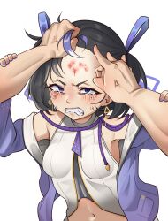 1boy 1girls abuse abused abused_female ajidot angry black_hair bleeding blood clenched_teeth commander_(nikke) crying earrings female_focus flicking goddess_of_victory:_nikke hair_grab hair_ribbon head_grab looking_at_viewer male_pov mole mole_under_eye multicolored_hair pov punishment purple_eyes ryona short_hair small_breasts solo_focus syuen_(nikke) tears