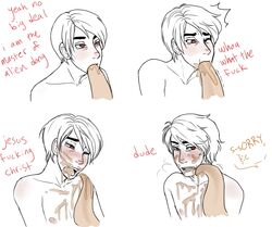 2boys :c comic cum dave_strider dialogue fellatio gay homestuck ms_paint_adventures one_eye_closed oral red_eyes short_hair speech_bubble tavros_nitram tentabulge text troll white_background white_hair white_skin