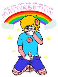 1boy blonde_hair blush closed_eyes clothing covering_mouth glasses homestuck john_egbert lollipop masturbation ms_paint_adventures penis precum short_hair solo text trickster_mode white_background white_skin