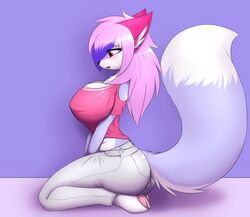 anthro blush breasts clothed clothing female fluffy fur mazz mazzlerazz medium_breasts multicolored_hair red_eyes shorts tail top