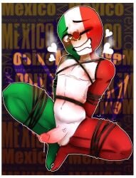 1boy blush countryhumans cvri1324 erection heart heart-shaped_pupils male male_only mexico_(countryhumans) multicolored_body multicolored_skin penis spanish_text testicles text tied_arms tied_legs tied_up