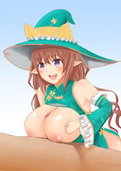 :d bare_shoulders breasts breasts_out brown_hair censored china_dress chinese_clothes clenched_hand clothing detached_sleeves elf female frills hat highres kaminari_(2439226) large_breasts long_hair long_sleeves low_twintails mosaic_censoring open_mouth outercourse paizuri pointy_ears purple_eyes rinna_mayfield scrunchie sega shining_(series) shining_resonance side_slit smile tied_hair torn_clothes twintails witch_hat