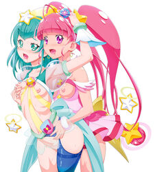 2girls ahoge armpits bangs blue_eyes blue_hair blue_legwear blunt_bangs blush breast_grab breasts clothing cure_milky cure_star earrings eyebrows_visible_through_hair flat_chest frilled_skirt frills grabbing hagoromo_lala hoshina_hikaru implied_futanari jewelry kousaka_jun long_hair looking_at_viewer magical_girl medium_breasts multiple_girls nipples open_mouth pink_eyes pink_hair pink_skirt precure pretty_cure saliva short_hair simple_background single_thighhigh skirt small_breasts standing star star-shaped_pupils star_earrings star_twinkle_precure stockings sweat symbol-shaped_pupils thighhighs twintails white_background yellow_earrings yuri