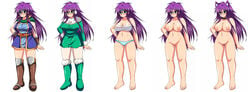 afuro animal_ear barefoot beastmaster blush boots breasts cleavage clothing collar earmuffs faris_scherwiz feet female female_only final_fantasy final_fantasy_five final_fantasy_v green_eyes headband highres human large_breasts long_hair midriff nipples nude panties pubic_hair purple_hair sarashi solo striped striped_panties uncensored underwear wolf_ear wristband