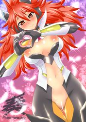 amou_kanade blush bodysuit breasts censored color female hinoki looking_at_viewer pointy_chin pose red_hair senki_zesshou_symphogear shaved_pussy solo