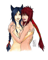 2girls ahri animal_ears bare_shoulders breasts cleavage collarbone female female_only fox_ears hug interspecies ironscale_shyvana kumiko5 large_breasts league_of_legends lips lipstick makeup multiple_girls mutual_yuri neck nude shyvana simple_background smile symmetrical_docking white_background yuri