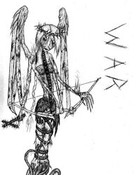 belt biblical blood bow_(weapon) braids copyright_request crown crucifix fire fishnets monochrome monster monster_girl wings