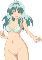 blush bottomless bra breasts female green_hair highres lingerie long_hair one_eye_closed photoshop pussy run_elsie_jewelria solo to_love-ru transparent_background uncensored underwear