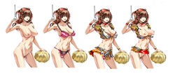 bra brown_eyes brown_hair character_sheet cheerleader choker cleft_of_venus costume_chart hair_bobbles hair_ornament heart highres lingerie long_image looking_at_viewer midriff miniskirt multiple_persona navel nude original panties pom_poms pubic_hair pussy q_azieru shirt_pull simple_background skirt skirt_lift solo standing uncensored underwear white_background wide_image