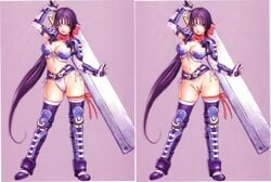 bow comparison highres long_hair no_pants nude_filter photoshop ponytail pubic_hair purple_hair pussy ribbon sword tied_hair uncensored weapon yamashita_shun'ya zaiu8