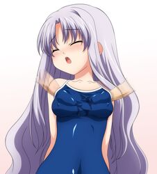 azmaria_hendric blush censored chrono_crusade closed_eyes clothes_penetration clothesjob cum cum_in_clothes cum_on_clothes cum_on_swimsuit highres latex long_hair one-piece one-piece_swimsuit outercourse penis purple_hair school_swimsuit sugimura_tomokazu swimsuit