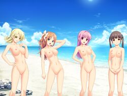 4girls ahoge antenna_hair barbie_doll_anatomy beach black_hair blonde_hair breasts brown_eyes brown_hair censored clouds female female_only game_cg green_eyes hair_ribbon hairbow highres hinata_hanabi katakage_fuurin koutaro long_hair minazuki_izumi mound_of_venus multiple_girls navel nipples no_genitals no_pussy nude ocean open_mouth pink_hair purple_hair red_eyes ribbon sea sky smile standing suzukaze_hotaru take_your_pick thigh_gap thighs tied_hair tropical_kiss twintails wallpaper zenra