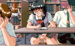 2boys 2girls 90s black_hair book closed_eyes couple discovery_(company) fingering game_cg glasses injuu_no_datenshi_~requiem_for_fallen_angels~ library masturbation skirt_lift under_skirt under_the_table