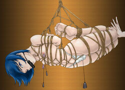 1boy amiba00 bell bit_gag blue_eyes blue_hair bondage bound_ankles bound_arms bound_legs box_toe boy_rape bulge crossdressing femboy gag male male_only nipple_clamps penis push pushing rape rope solo tears tied torture weights wince