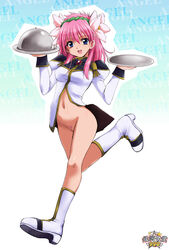 aqua_background blue_eyes boots bottomless flower galaxy_angel gradient gradient_background hair_flower hair_ornament hairband kaiga long_hair milfeulle_sakuraba navel no_panties pink_hair pubic_hair running smile tray w_arms white_background