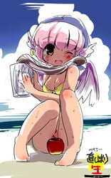 1girls animal_ear apple barefoot beach bikini bottomless breasts censored cleavage convenient_censoring earrings eel female food fruit head_scarf ikuta_takanon jewelry mystia_lorelei pink_hair pussy_peek short_hair sketch smile solo swimsuit touhou wet wings wink yellow_eyes