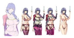 bra braid breasts character_request character_sheet choker cleavage cleft_of_venus copyright_request costume_chart female garter_belt garter_straps green_eyes highres impossible_clothes lingerie looking_at_viewer milf naked_thighhighs navel nude panties pubic_hair pussy q_azieru shirt_lift side-tie_panties simple_background sketch skirt skirt_pull smile solo thighhighs uncensored underboob underwear white_background