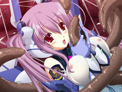 blush breasts close-up consensual_tentacles dutch_angle elbow_gloves fingerless_gloves game_cg gloves hair large_breasts long_hair madou_souhei_kleinhasa mecha_musume nipples open_mouth purple_hair red_eyes rose_lilienthal saitou_natsuki see-through tentacle tied_hair tongue twintails very_long_hair