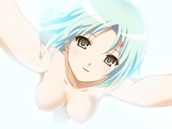 800x600 arai_ruka arms_up ars_magna blush breasts female game_cg grey_eyes koutaro nipples nude outstretched_arms short_hair silver_hair smile spread_arms