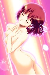 ars_magna ass blush breast_suppress breasts closed_eyes game_cg glow glowing hair_ribbon highres koutaro mizusawa_noel nipples nude red_hair ribbon short_hair smile