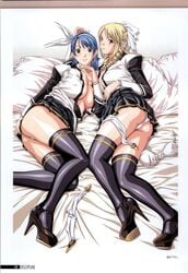 2girls ass bed blonde_hair blue_hair bra cleavage discipline:record_of_a_crusade female female_only high_heels morimoto_leona multiple_girls open_clothes otokawa_saori panties school_uniform schoolgirls sei_shoujo skirt skirt_lift smile thick_thighs thighhighs thighs thong topless upskirt