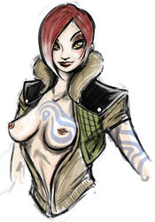 areola areolae borderlands breasts cleavage_cutout hazel_eyes jacket lilith_(borderlands) lipstick makeup mole nipple_piercing nipples piercing red_hair short_hair simple_background sketch smile tattoo tattoos unzipped yellow_eyes