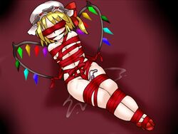 1girls blindfold bondage bound cleave_gag color female female_only flandre_scarlet footwear front_view gag gagged hat high_heels jpg lili_(artist) lilish naked_ribbon post_orgasm pussy_juice restrained ribbon ribbon_bondage ribbon_gag sex_toy shoes solo tied_up touhou vibrator