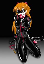 asuka_langley_sohryu ball_gag blindfold bodysuit bondage clothing collar erect_nipples erect_nipples_under_clothes female gag gagged harness jpeg kokuyousha latex latex_suit leash medium_breasts neon_genesis_evangelion orange_hair skin_tight straight_hair