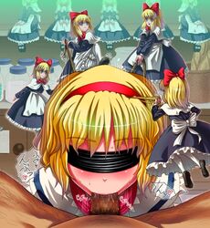 alice_margatroid blindfold blonde_hair dark-skinned_male dark_skin fellatio female human male nemuo oral penis ribbon rope shanghai_doll straight team_shanghai_alice touhou translation_request uncensored