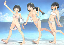 3girls akimbo_(artist) akinbo_(hyouka_fuyou) arched_back ball barefoot beach beach_ball bikini bikini_malfunction black_eyes black_hair bottomless breasts color day error feet female female_only front-tie_top hair_ornament innertube leaning_forward long_hair multiple_girls navel nipples outdoors public_topless pussy short_hair side-tie_bikini soles swimsuit toes topless uncensored wardrobe_malfunction water