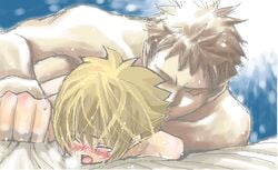 2boys bed blonde_hair closed_eyes cry gay haninozuka_mitsukuni male morinozuka_takashi multiple_boys nude open_mouth ouran_high_school_host_club tears yaoi