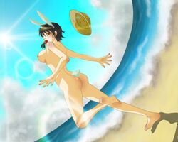 1girls ass barefoot beach black_hair breasts brown_eyes bunny bunny_ears bunny_tail carrot feet female female_only genderswap_(mtf) hat highres lagomorph legs luffyko monkey_d_luffy nipples nude one_piece raimonkisuke rule_63 running sand scar short_hair sky solo straight_hair straw_hat sun tail water