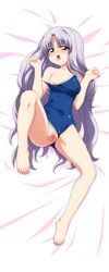 1girls azmaria_hendric barefoot bed bed_sheet blush breast_slip breasts cameltoe chrono_crusade dakimakura erect_nipples fat_mons feet female high_resolution legs long_hair lying nipple_slip nipples on_back one-piece_swimsuit one_breast_out open_mouth purple_hair pussy pussy_juice red_eyes silver_hair solo spread_legs strap_slip sugimura_tomokazu swimsuit swimsuit_aside toes uncensored wet_pussy