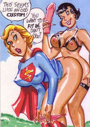 2girls bending_over black_hair bottomless dc dc_comics dialogue dildo female female_only femdom huge_dildo imminent_rape imminent_sex innocent joe_gravel kara_zor-el lois_lane multiple_girls nipples outdoors panties_down see-through_bra sketch_card speech_bubble supergirl superman_(series) text traditional_media_(artwork) yuri