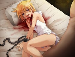 bed beige_skin bleeding blonde_hair blood blood_spray blood_stain bound brown_skin chain clothing color cut_throat eyes female gore guro hair human injury interracial male mouth nudity open_eyes open_mouth open_wound penis pillow purple_eyes sex shackle skin straight tear throat_slit vaginal_insertion vaginal_penetration vulva wound