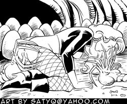 alien alien_(franchise) all_fours anus black_canary breasts crossover dc egg eggs facehugger female green_arrow_(series) monochrome mouth_open nest nipples pussy satyq uncensored vaginal_penetration