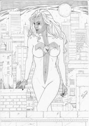 big_breasts city_skyline cloak_and_dagger dagger_(marvel) large_breasts long_hair marvel marvel_comics monochrome navel nipple_bulge pokies skyline superheroine tim_grayson