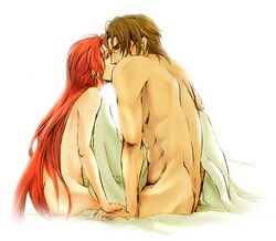 1boy 1girls abs artist_request ass bed bedsheets blush brown_hair completely_nude couple eyes_closed fire_emblem fire_emblem:_path_of_radiance fire_emblem:_radiant_dawn haar_(fire_emblem) holding_hands jill_(fire_emblem) kissing love morning nintendo partially_covered red_hair wholesome