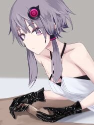 1boy 1girls black_gloves dark-skinned_male dark_skin gloved_handjob gloves hair_ornament handjob light-skinned_female light_skin looking_at_penis onakinkamesan purple_eyes serious small_breasts small_penis voiceroid yuzuki_yukari